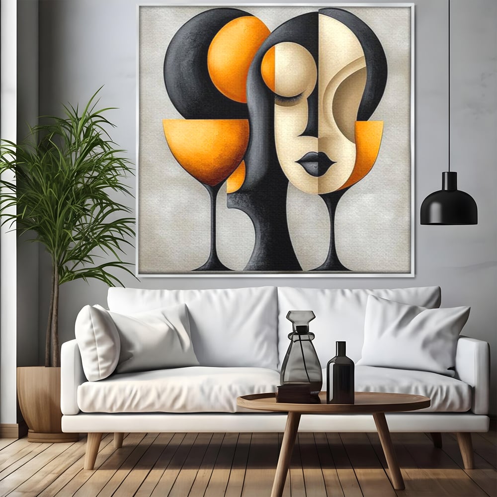 Tablou canvas cu tablou canvas cu portret cubist si pahare, in rama de aluminiu argintiu, pe perete intr-un living